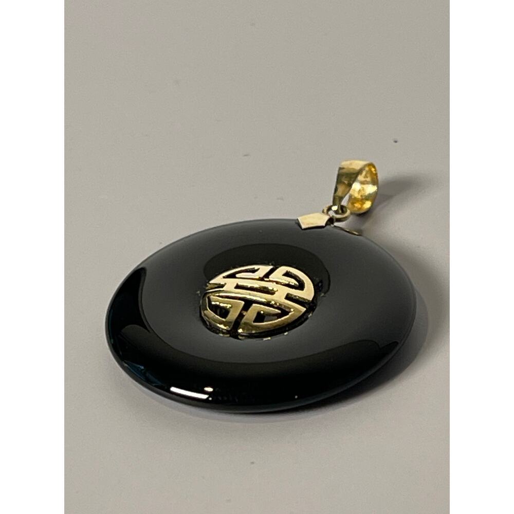 14K Yellow Gold Black Onyx Asian Longevity Symbol Pendant - Picture 2 of 9